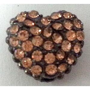 bracelet bar, alloy bead with rhinestone, flat heart, 12mm wide