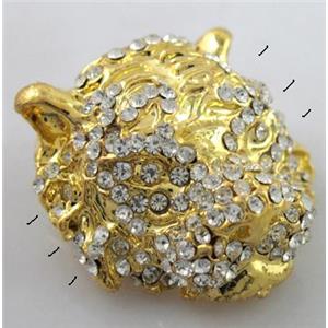 Bracelet bar, alloy bead with rhinestone, tiger head, gold, 25x25mm