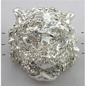 Bracelet bar, alloy bead with rhinestone, tiger, silver, 25x25mm