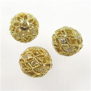round copper beads pave zircon, gold, 10mm dia