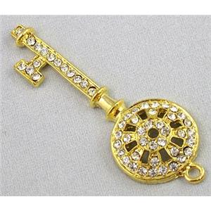 alloy pendant with rhinestone, key, gold, approx 18x51mm