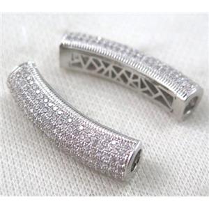 copper tube beads pave zircon, platinum plated, approx 10x40mm