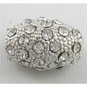 alloy bead, pave rhinestone, oval, silver, approx 9x13mm