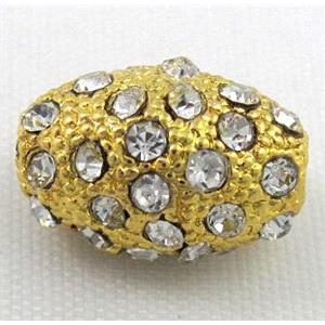 alloy bead, pave rhinestone, oval, gold, approx 9x13mm