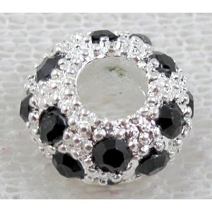 alloy bead with rhinestone, silver plated, 10-11mm dia, hole:5mm