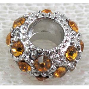 alloy bead with rhinestone, platinum plated, 10-11mm dia, hole:5mm