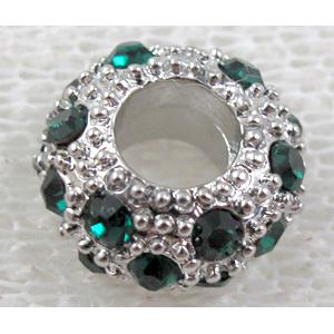 alloy bead with rhinestone, platinum plated, 11-12mm dia, hole:5mm