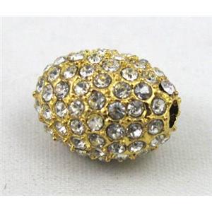 bracelet spacer, alloy bead with rhinestone, barrel, gold plated, approx 12x16mm, 2mm hole