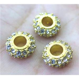 alloy spacer bead with rhinestone, rondelle, gold plated, approx 12mm dia