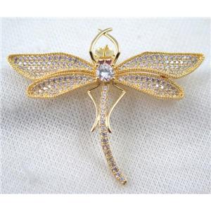 copper dragonfly brooch paved zircon, gold plated, approx 45-70mm