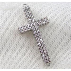 copper cross connector paved zircon, platinum plated, approx 17x37mm