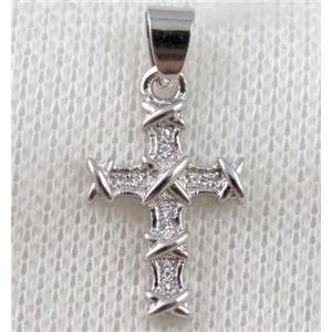 copper cross pendant paved zircon, platinum plated, approx 14x20mm
