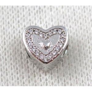 copper heart bead paved zircon, platinum plated, approx 12mm dia, 4mm hole