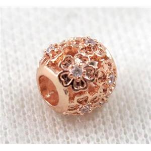 round copper bead paved zircon, hollow, rose gold, approx 10mm dia, 4mm hole