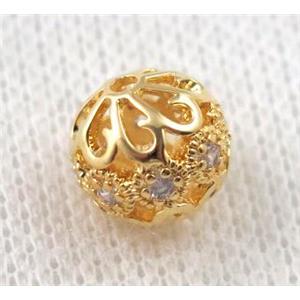 round copper bead paved zircon, hollow, gold plated, approx 12mm dia