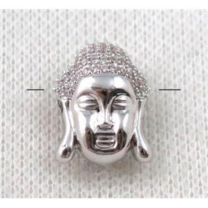 copper buddha beads paved zircon, platinum plated, approx 13x18mm