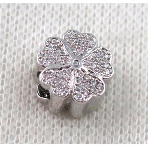 copper flower bead paved zircon, platinum plated, approx 12mm dia, 5mm hole