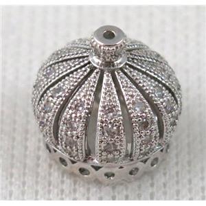 paved zircon copper bead, crown, platinum plated, approx 16mm dia