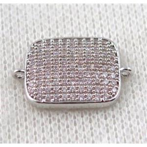 copper connector paved zircon, rectangle, platinum plated, approx 13x20mm