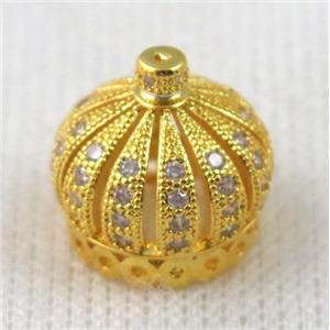 paved zircon copper bead, crown, gold plated, approx 16mm dia