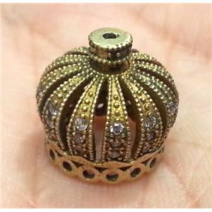 paved zircon copper bead, crown, brass, approx 16mm dia