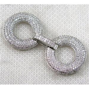 copper donut connector clasp paved zircon, platinum plated, approx 22mm dia