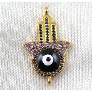 copper hamsahand connector paved zircon with evil eye, gold plated, approx 22-35mm