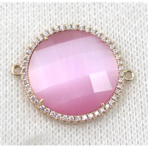 pink Chinese Crystal Glass connector pave zircon, circle, gold plated, approx 23mm dia