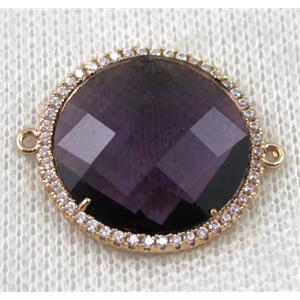 purple Chinese Crystal Glass connector pave zircon, circle, gold plated, approx 23mm dia