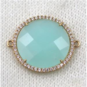 aqua Chinese Crystal Glass connector pave zircon, circle, gold plated, approx 23mm dia