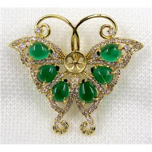 copper brooch paved zircon, gold plated, butterfly, green jade, approx 40-50mm