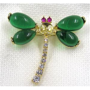 copper dragonfly brooch paved zircon with green jade, gold plated, approx 50x50mm