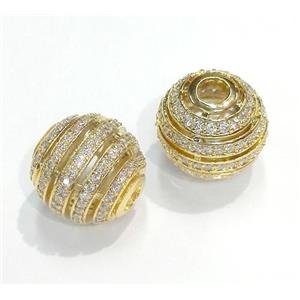 paved zircon copper bead, round, gold plated, approx 14mm dia