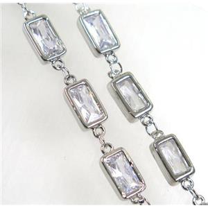 copper chain paved zircon, rectangle, platinum plated, approx 6x10mm