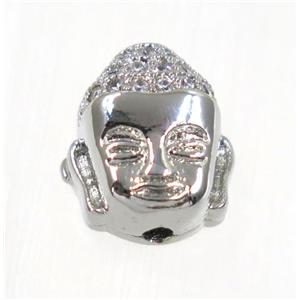 copper buddha beads paved zircon, platinum plated, approx 9x10.5mm