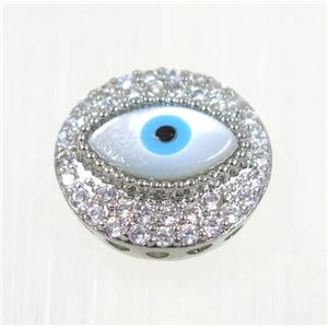 copper Evil eye beads paved zircon, platinum plated, approx 15.5mm