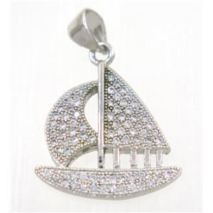 copper Sailing Boat pendant paved zircon, platinum plated, approx 18x18mm