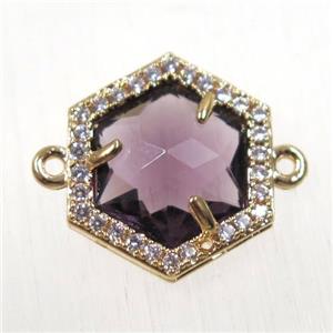 purple crystal glass hexagon connector paved zircon, gold plated, approx 15mm dia