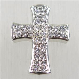 copper cross beads pave zircon, platinum plated, approx 20-24mm