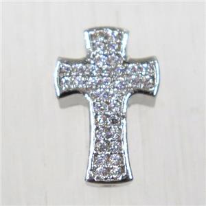 copper cross beads pave zircon, platinum plated, approx 10-14mm