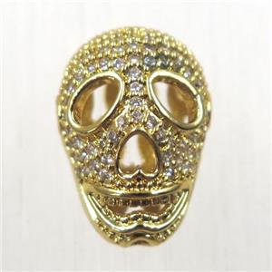 copper skull beads pave zircon, gold plated, approx 12-16mm