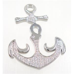 copper anchor pendant pave zircon, platinum plated, approx 30-33mm