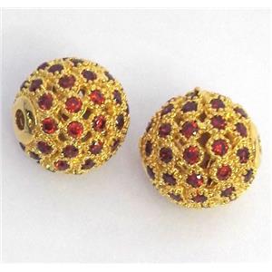 copper bead paved zircon, round, gold plated, approx 12mm dia