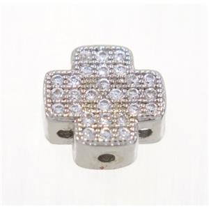 copper cross beads paved zircon, platinum color, approx 10x10mm