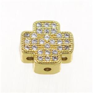copper cross beads paved zircon, gold plated, approx 10x10mm