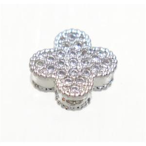 copper four-leaf Clover bead paved zircon, platinum plated, approx 8mm dia