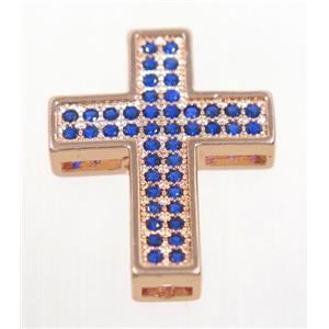 copper Cross beads paved blue zircon, rose gold, approx 17x22mm