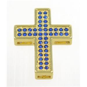 copper Cross beads paved blue zircon, gold plated, approx 17x22mm