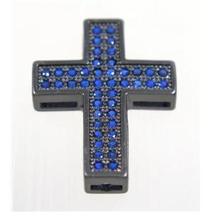 copper Cross beads paved blue zircon, black plated, approx 17x22mm