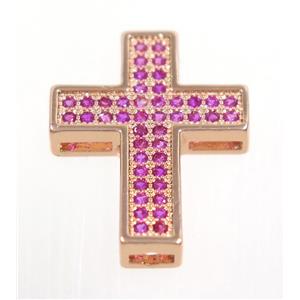 copper Cross beads paved hotpink zircon, rose gold, approx 17x23mm